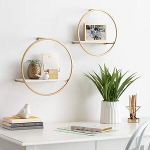 Kate and Laurel Wicks Round Floating Wall Shelf, 2 Piece, White and gold